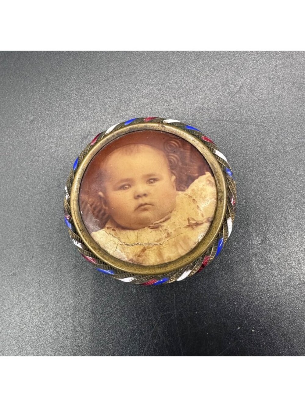 Antique Victorian Mourning Photo Brooch Pin Child Baby Brass Enamel Patriotic